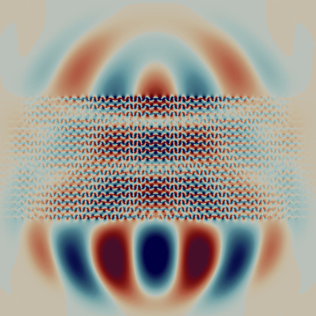 Simulation of scattering on a plasmonic crystal with microscale size 2^-4