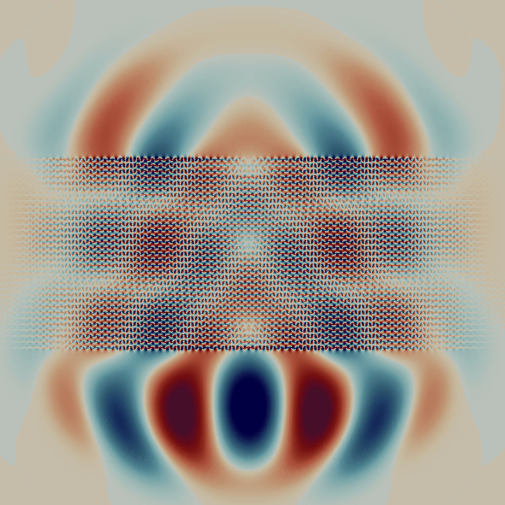 Simulation of scattering on a plasmonic crystal with microscale size 2^-5